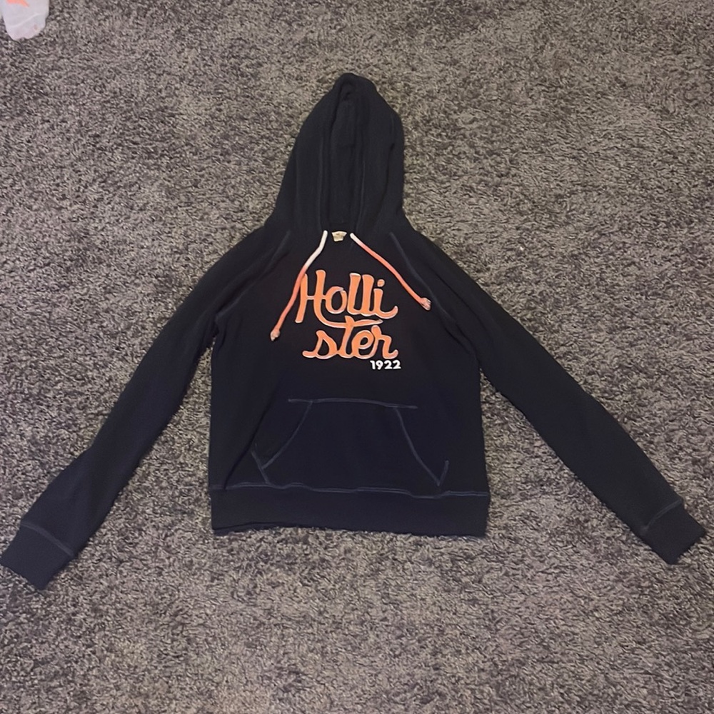 hollister hoodie blue with orange and white lettering